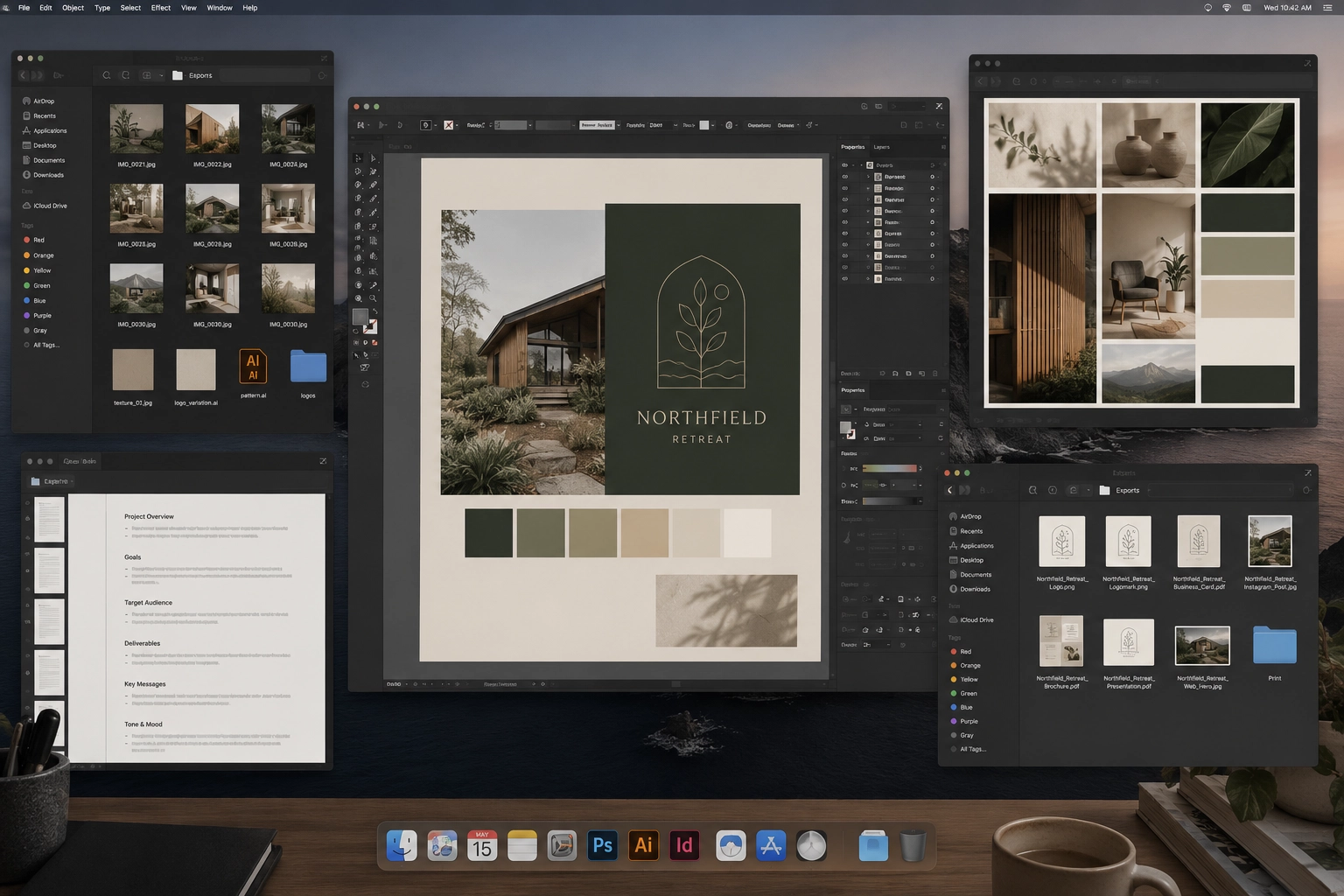 Creative workflow with design tools, client folders, asset libraries, reference boards, and project files