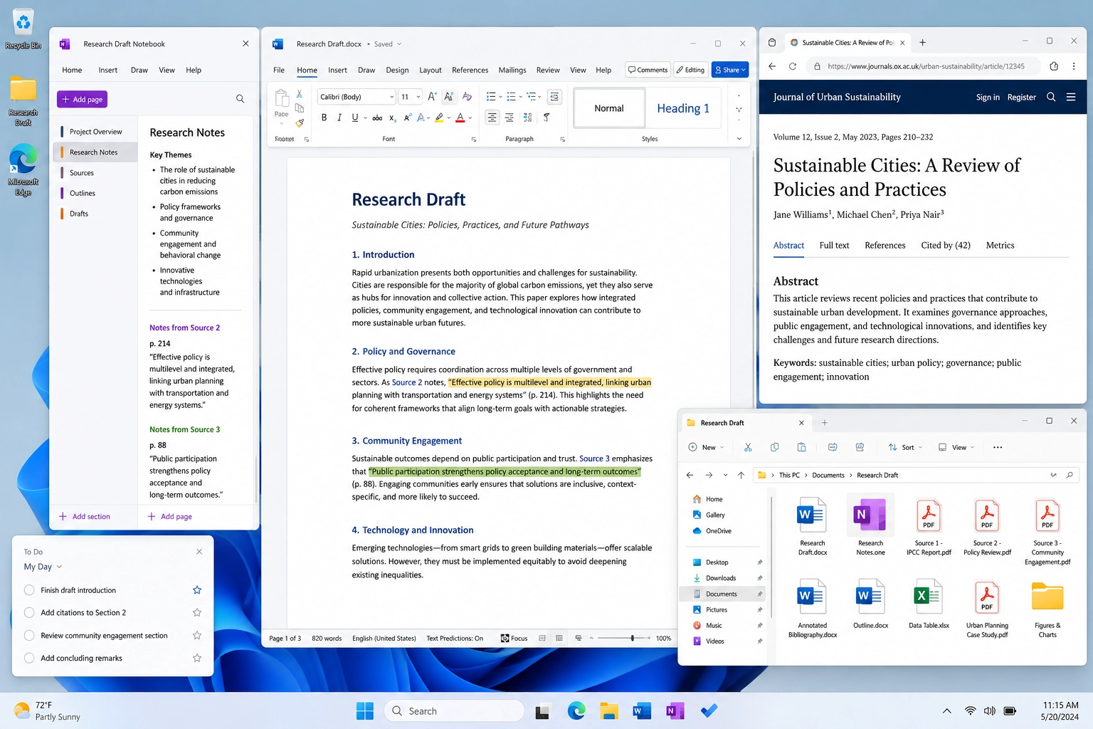 Organized Windows desktop showing a writing and research workflow grouped in ZenFlow