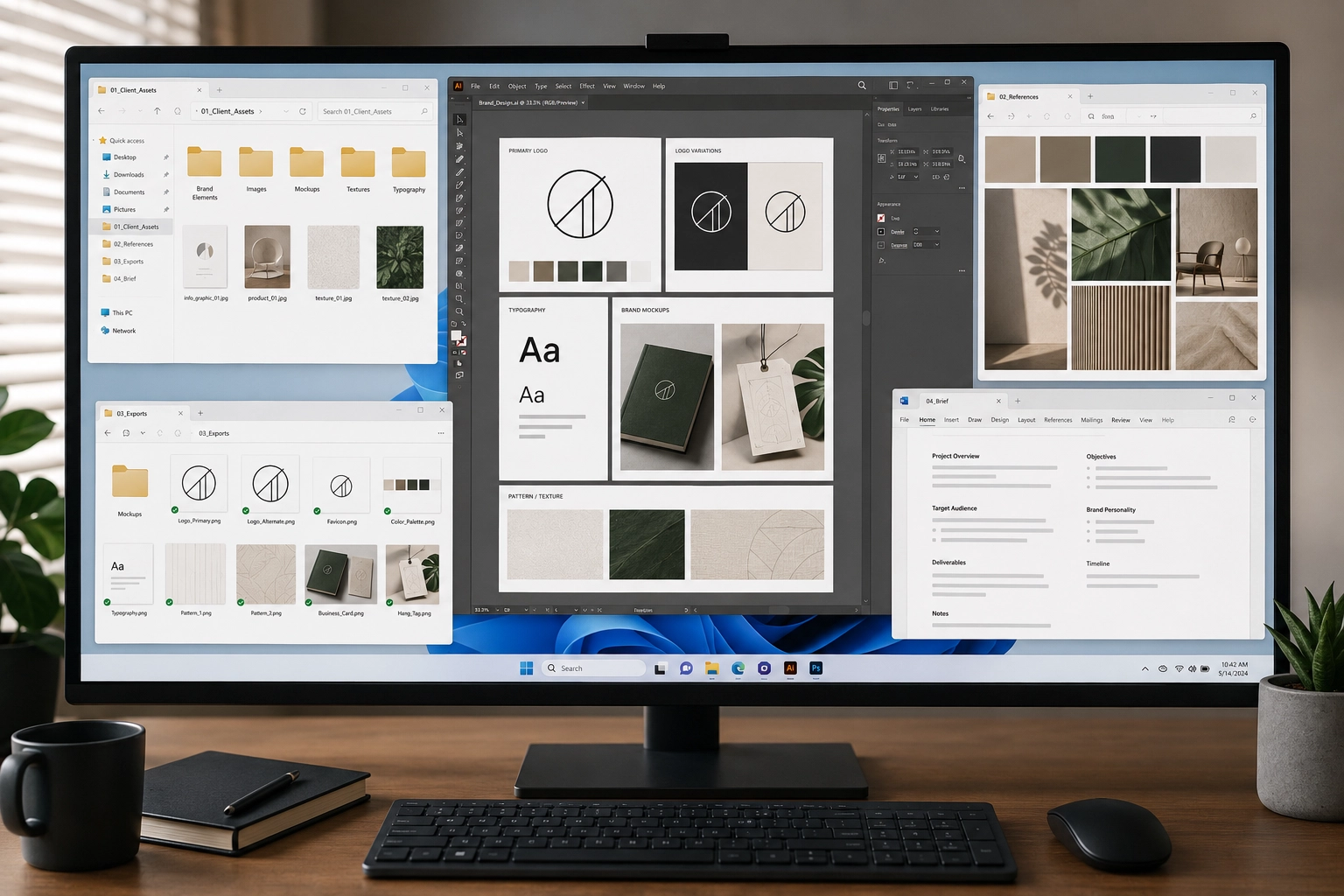 Graphic design client workflow with design tools, client folders, asset references, and project files