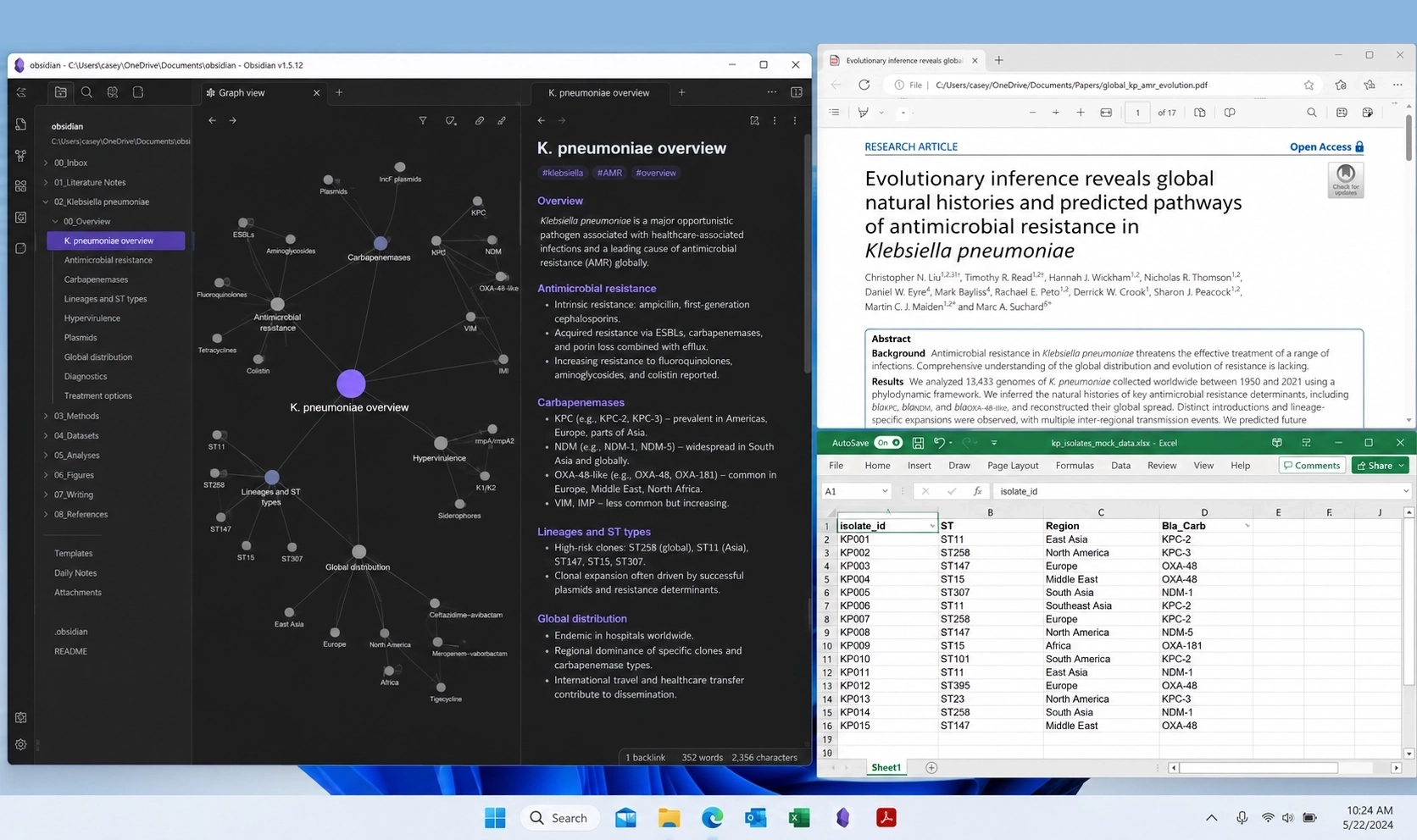 Desktop workspace with research notes, a reference article, and a spreadsheet arranged together