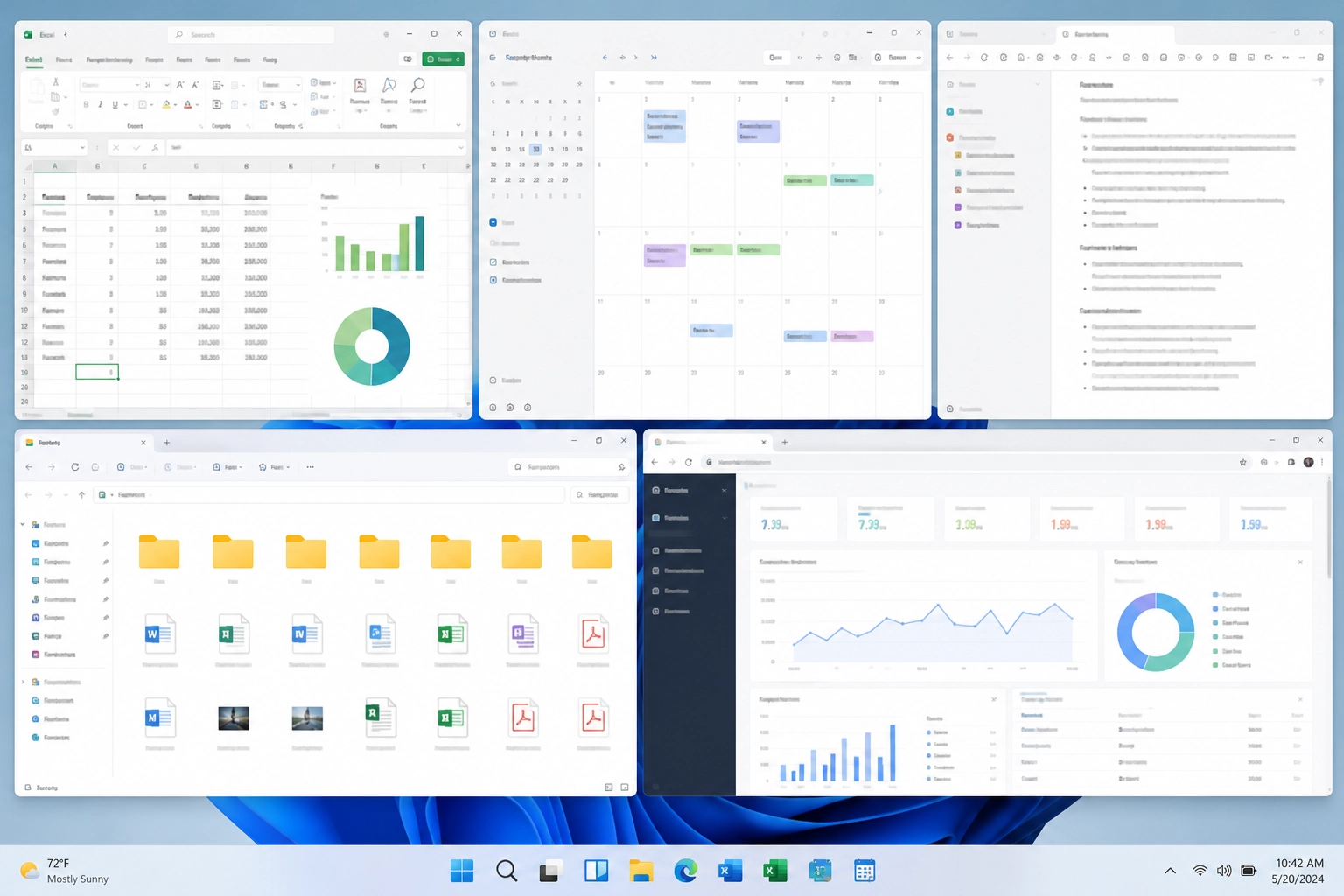 Office project workspace with documents, dashboards, spreadsheets, calendar, email, and shared folders