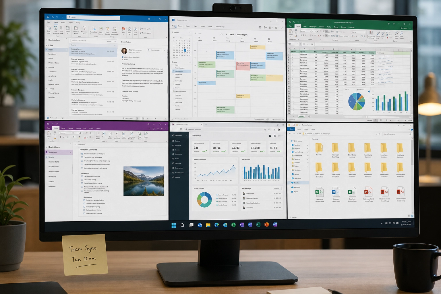 Office workflow with email, calendar, spreadsheets, notes, shared folders, and dashboards