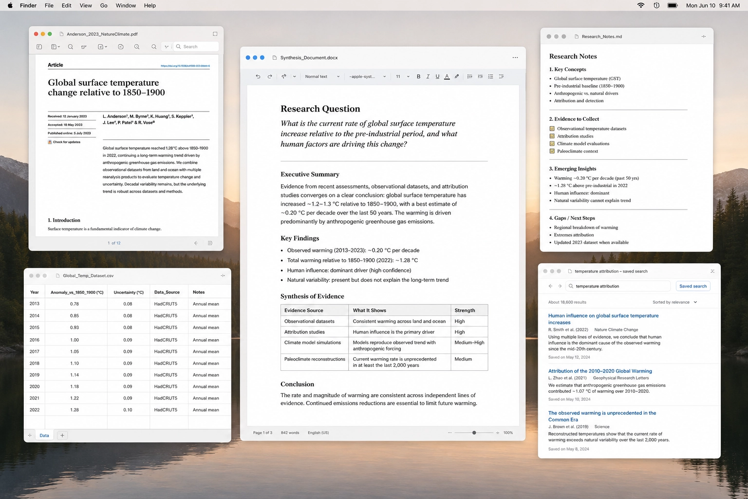 Research workflow with reports, notes, data tables, source links, and synthesis documents
