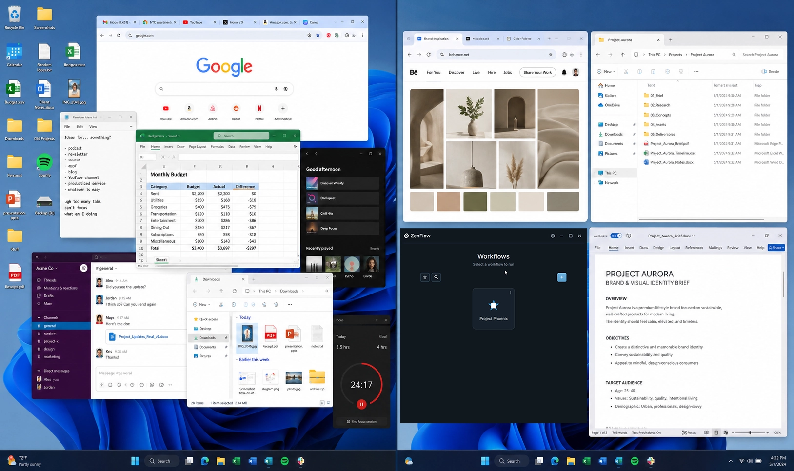Before and after desktop comparison showing scattered windows beside an organized restored workflow