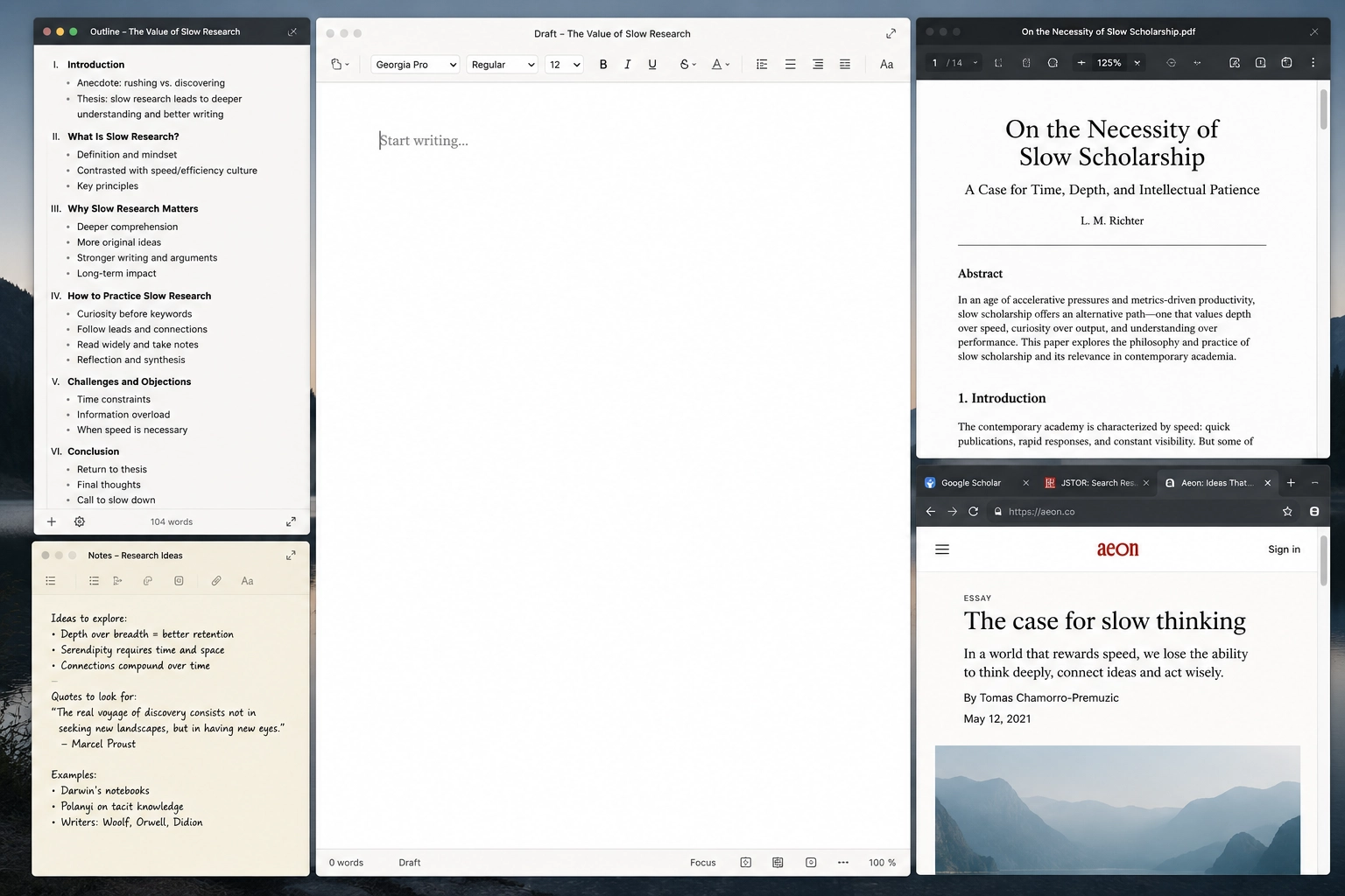 Writing and research workspace with drafts, outlines, sources, reading lists, notes, and reference tabs